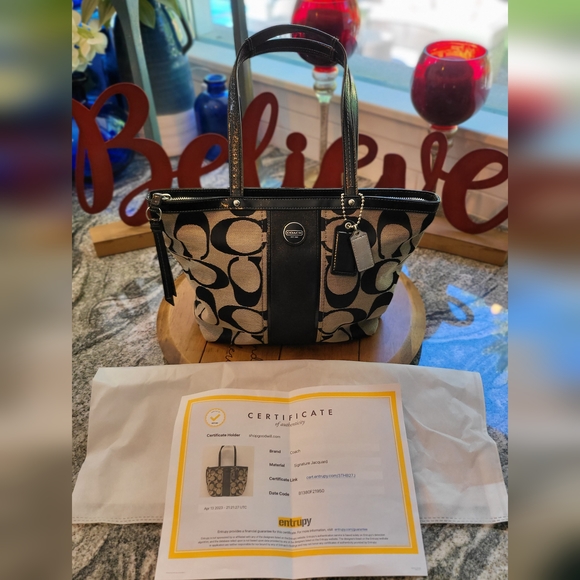 🏖️ SOLD New Coach Signature Black Canvas Stripe Tote Shoulder Bag - Picture 5 of 12